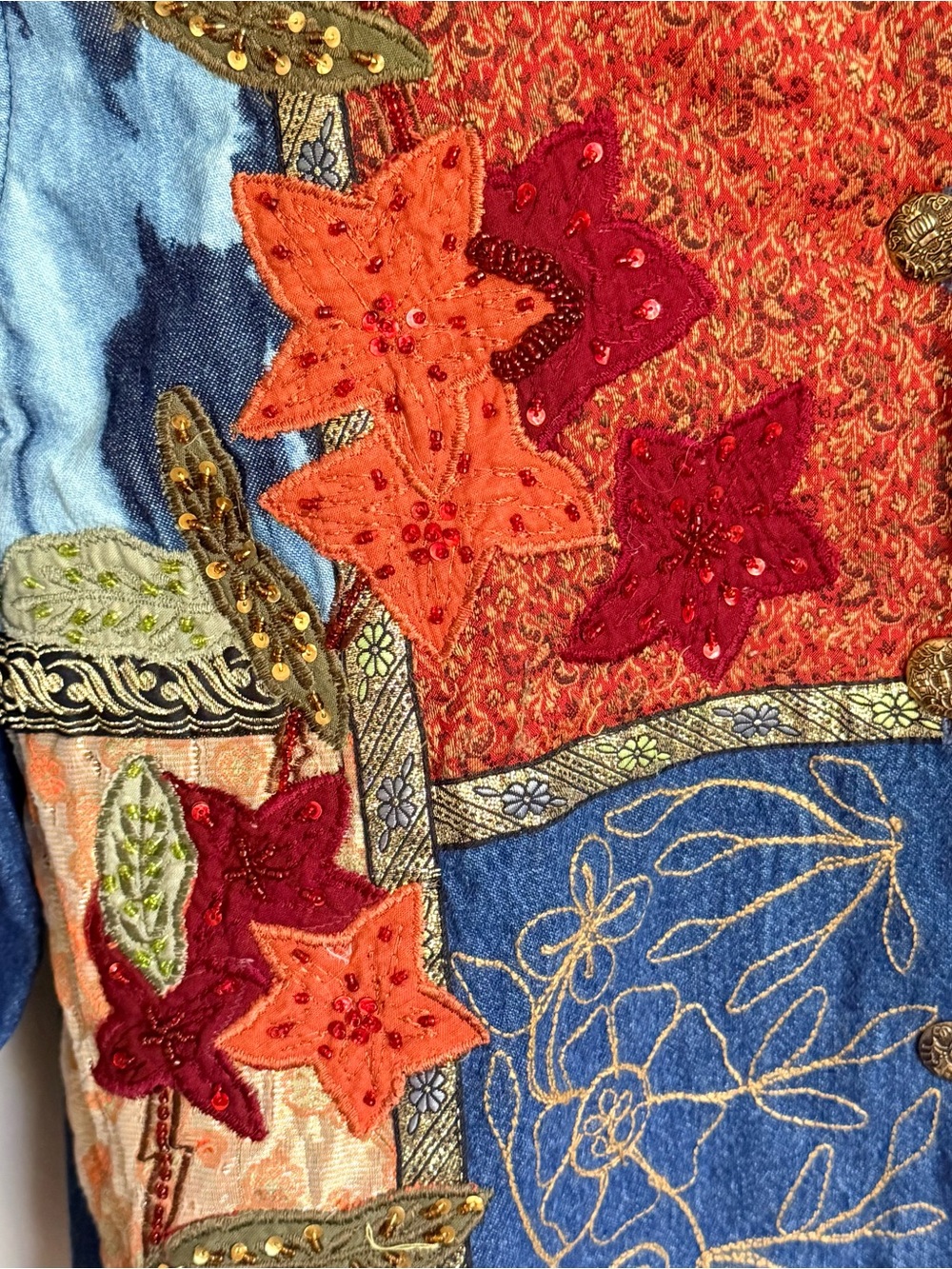 Tantrums Boho Patchwork Denim Jacket Shacket with Autumn Star Appliqués Size M - Picture 8 of 9